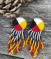 Beaded medicine wheel fringe earrings, Indigenous beaded fringe earrings