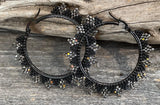 Matte Black & silver beaded hoop spike earrings, hoop earrings