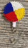 Beaded blue medicine wheel badge reel, Native American beaded badge holder, Indigenous beadwork, beaded ID holder, ID card reel