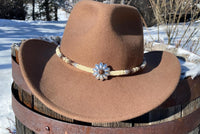 Beaded cream & brown round hatband with concho center, beaded round necklace, beaded hatband, beaded belt