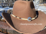 Beaded cream & brown round hatband with concho center, beaded round necklace, beaded hatband, beaded belt