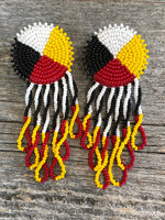 Beaded medicine wheel fringe earrings, Indigenous beaded fringe earrings