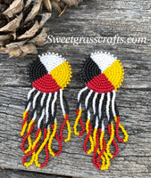 Beaded medicine wheel fringe earrings, Indigenous beaded fringe earrings