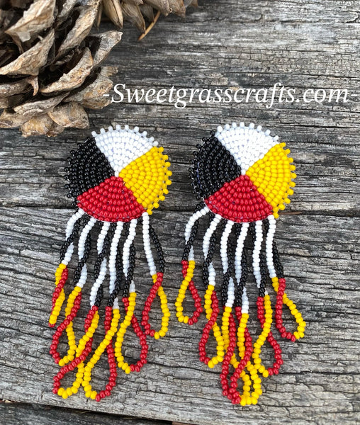 Beaded medicine wheel fringe earrings, Indigenous beaded fringe earrings