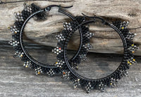 Matte Black & silver beaded hoop spike earrings, hoop earrings