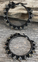 Matte Black & silver beaded hoop spike earrings, hoop earrings