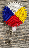 Beaded blue medicine wheel badge reel, Native American beaded badge holder, Indigenous beadwork, beaded ID holder, ID card reel