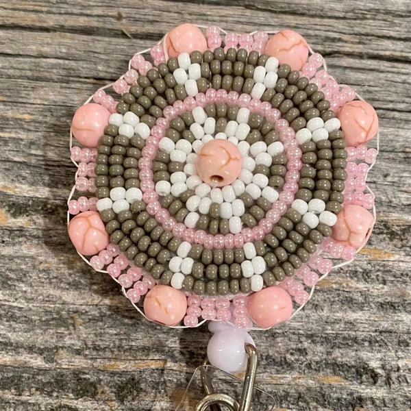 Beaded pink howlite badge reel, Native American beaded badge holder, Indigenous beadwork, beaded ID holder, ID card reel