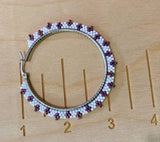 2” purple iris & white beaded hoop earrings, beaded delica hoop earrings, unique beaded earrings