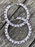2” purple iris & white beaded hoop earrings, beaded delica hoop earrings, unique beaded earrings