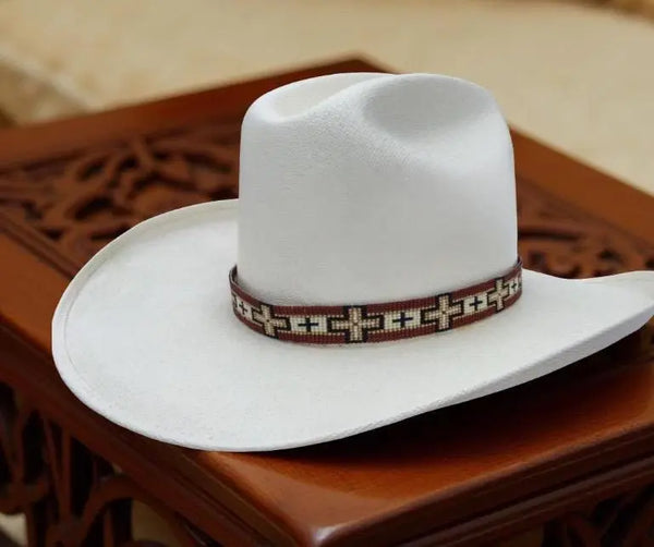 Beaded brown western cross hat band, Brown & cream Navajo cross hatband, southwestern beaded hatband