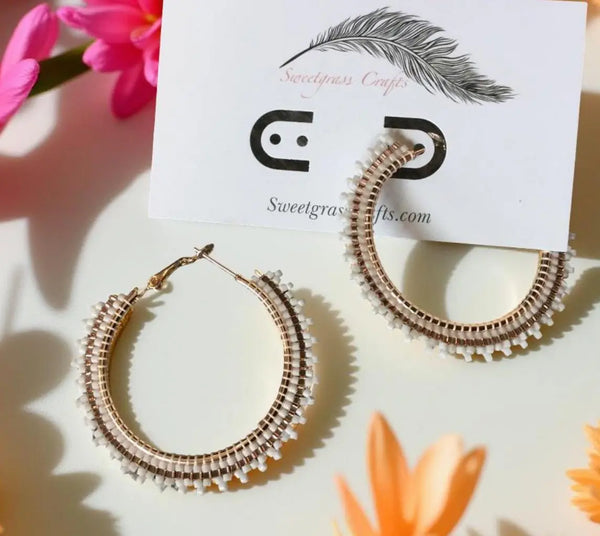 2" rose gold & white beaded hoop earrings, beaded rose gold hoop earrings, summer earrings, white hoops
