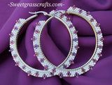 White & iris purple beaded Delica bracelet and 2” beaded hoop earrings, earring bracelet set, beaded jewelry set