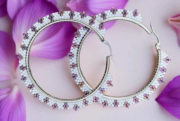 2” purple iris & white beaded hoop earrings, beaded delica hoop earrings, unique beaded earrings