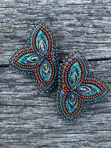 Copper blue beaded earrings, Mardi Gras earrings