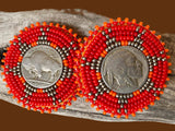 Buffalo nickel coin earrings, beaded Indian head nickel earrings, beaded Native American earrings, Indigenous earrings