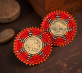 Buffalo nickel coin earrings, beaded Indian head nickel earrings, beaded Native American earrings, Indigenous earrings