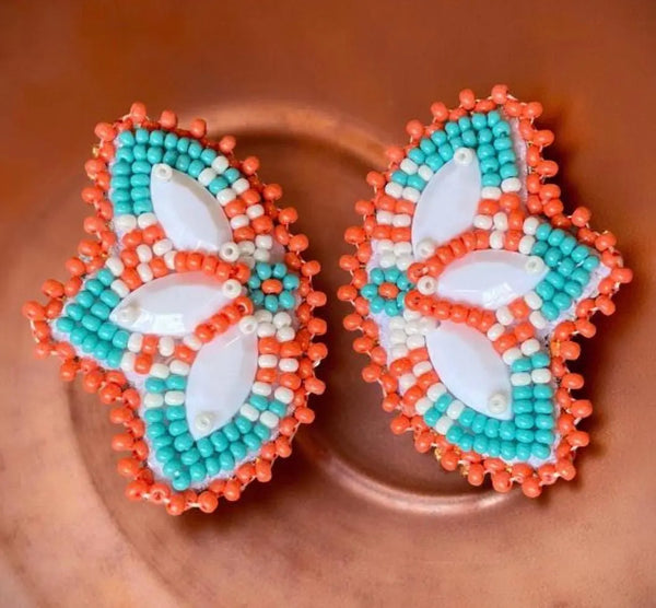 Native American Beaded Earrings, turquoise & coral, butterfly earrings, flower earrings, regalia, turquoise beaded earrings,