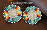 Beaded Buffalo nickel coin earrings, Buffalo Nickel Beaded Earrings in Sunset Colors