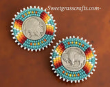 Beaded Buffalo nickel coin earrings, Buffalo Nickel Beaded Earrings in Sunset Colors