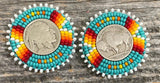 Beaded Buffalo nickel coin earrings, Buffalo Nickel Beaded Earrings in Sunset Colors