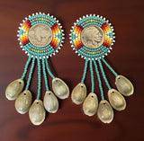 Beaded Buffalo nickel coin earrings with cowrie shell fringes, Buffalo Nickel Beaded Earrings in Sunset Colors