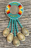 Beaded Buffalo nickel coin earrings with cowrie shell fringes, Buffalo Nickel Beaded Earrings in Sunset Colors