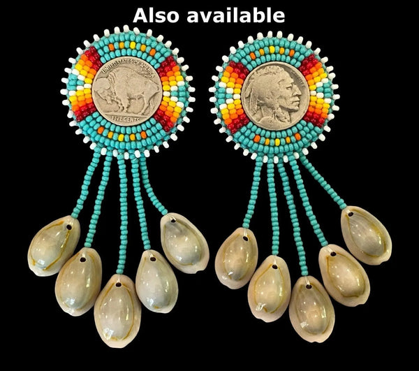 Beaded Buffalo nickel coin earrings with cowrie shell fringes, Buffalo Nickel Beaded Earrings in Sunset Colors