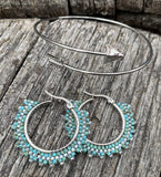 1 1/2” inch silver & Picasso turquoise beaded hoop earrings, beaded lightweight southwestern hoop earringset with arrow bracelet