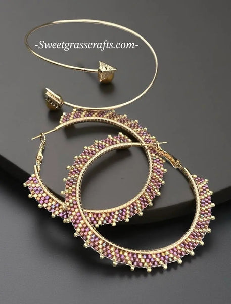Handmade Beaded Hoop Earrings & Arrow Bangle Set, Iridescent Purple Gold Statement Jewelry, Boho Hoop Earrings Sweetgrass Crafts