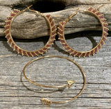 Handmade Beaded Hoop Earrings & Arrow Bangle Set, Iridescent Purple Gold Statement Jewelry, Boho Hoop Earrings Sweetgrass Crafts