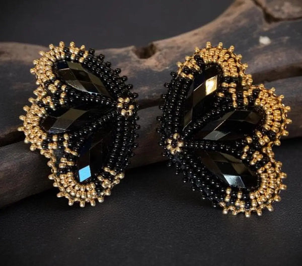 Native American beaded black earrings, black & gold beaded earrings, flower earrings, unique beaded earrings, Powwow earrings