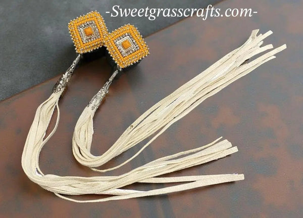 3 in 1 earrings 12” long cream leather fringe earrings, long buckskin fringe earrings, orange fringe earrings