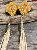 3 in 1 earrings 12” long cream leather fringe earrings, long buckskin fringe earrings, orange fringe earrings