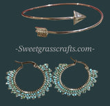 1 1/2” inch silver & Picasso turquoise beaded hoop earrings, beaded lightweight southwestern hoop earringset with arrow bracelet