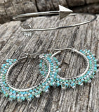 1 1/2” inch silver & Picasso turquoise beaded hoop earrings, beaded lightweight southwestern hoop earringset with arrow bracelet