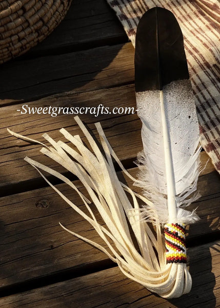 Native Beaded Smudge Feather, Ceremonial Feather, beaded Prayer Feather, Peacock feather, Sacred Feather, Smudge Feather