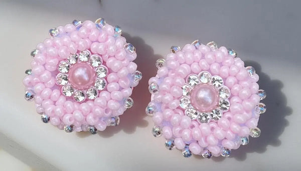 Beaded small pink rose earrings