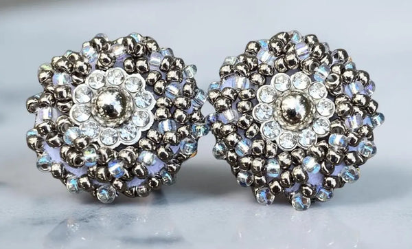 Beaded small steel rose earrings, silver small earrings