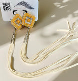 3 in 1 earrings 12” long cream leather fringe earrings, long buckskin fringe earrings, orange fringe earrings