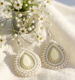 Cream & pearl teardrop beaded earrings, Native earrings, teardop earrings, Native Beadwork, Unique beaded earrings