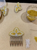 Beaded yellow & white earring set with beaded comb