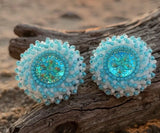 Beaded small blue & white round earrings