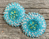 Beaded small blue & white round earrings