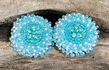 Beaded small blue & white round earrings