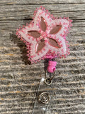Beaded pink & white badge reel, Native American beaded badge holder, Indigenous beadwork, beaded ID holder