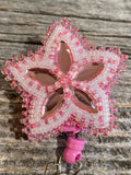 Beaded pink & white badge reel, Native American beaded badge holder, Indigenous beadwork, beaded ID holder