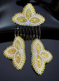 Beaded yellow & white earring set with beaded comb