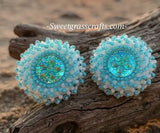 Beaded small blue & white round earrings