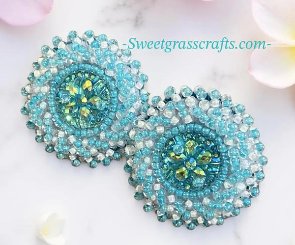 Beaded small blue & white round earrings